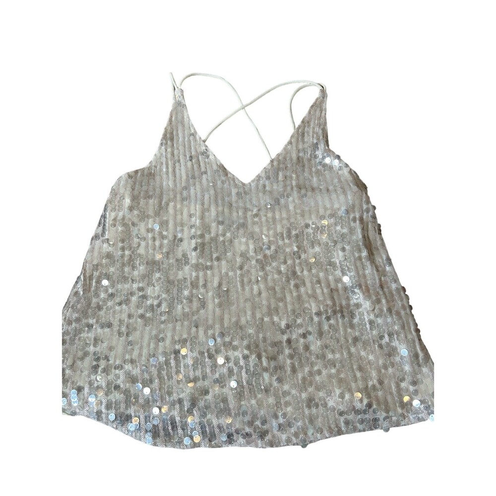 On Two Fifth sparkly sequined top strappy cream/gold shimmer  SZ M sleeveless - Picture 9 of 10